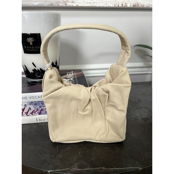STAUD Felix Ruched Leather Shoulder Bag in Cream NWT - Picture 4 of 13